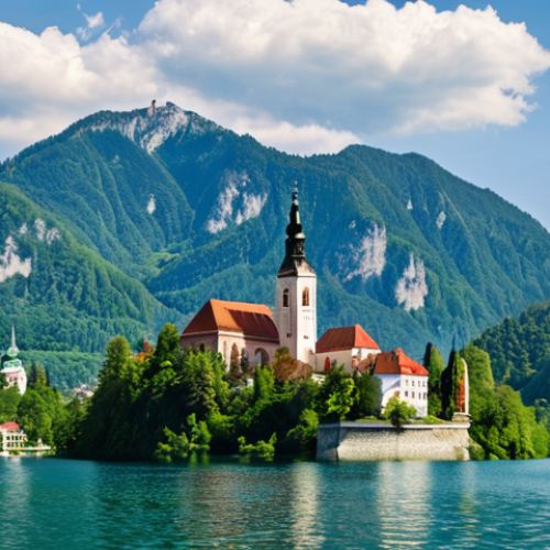 Home 4 A picturesque view of Lake Bled with the iconic island church, surrounded by lush green hills, under a bright sunny sky. Capture the fairytale-like atmosphere.