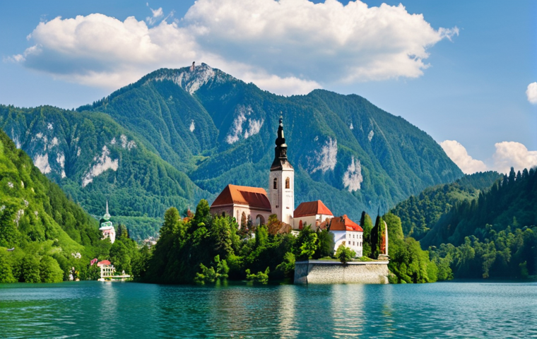 A picturesque view of Lake Bled with the iconic island church, surrounded by lush green hills, under a bright sunny sky. Capture the fairytale-like atmosphere.
